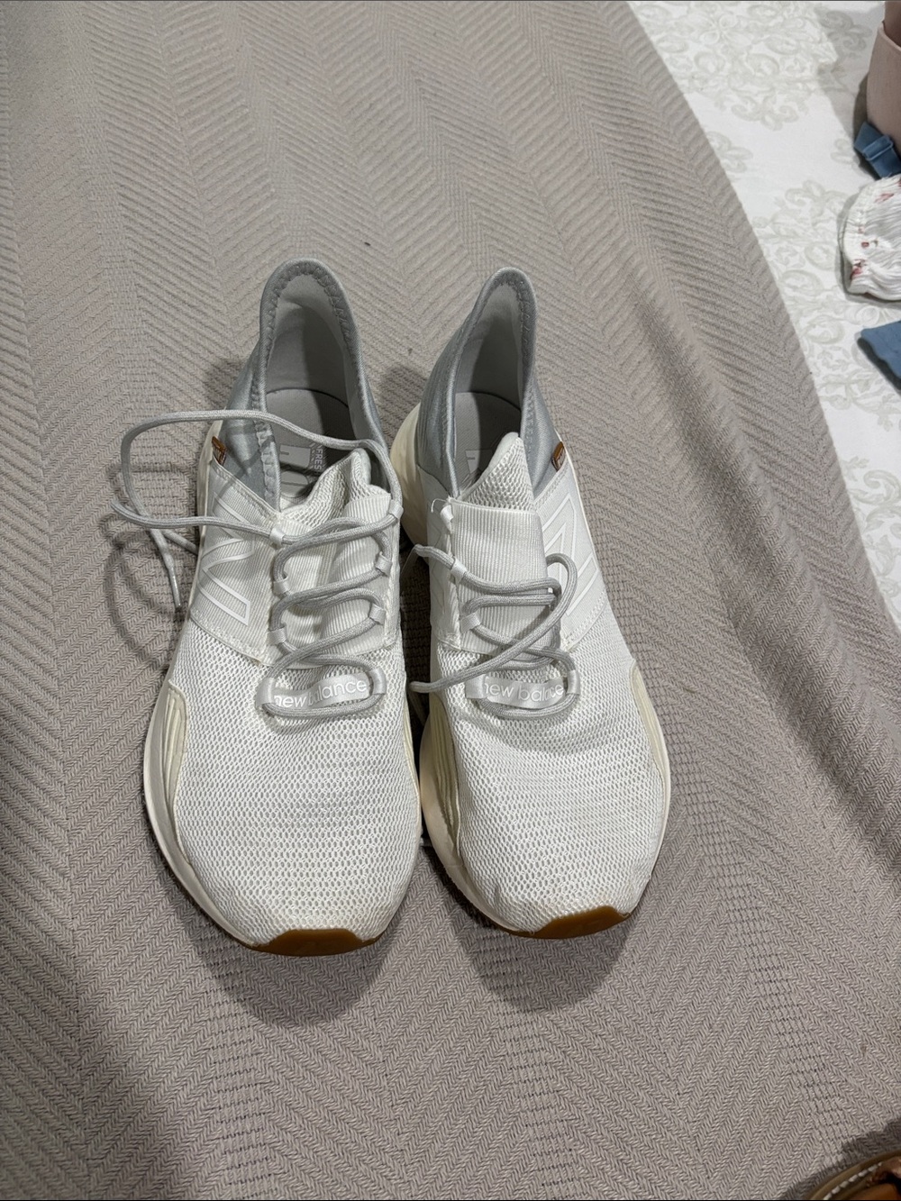 New Balance White and Light Gray Mesh Running Shoes